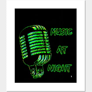 retro microphone , music by night. Posters and Art